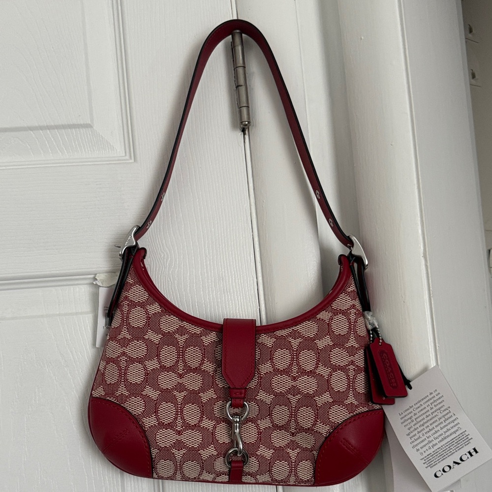 Coach Hampton Red Signature Jacquard Shoulder Bag